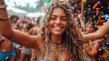 ai generado joven mujer bailando a el playa fiesta con papel picado. foto