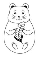 Cute hamster who eats grain, vector black and white illustration