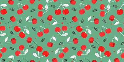 Seamless pattern with cherries on a branch with leaves. Summer abstract juicy food print. Vector graphics.