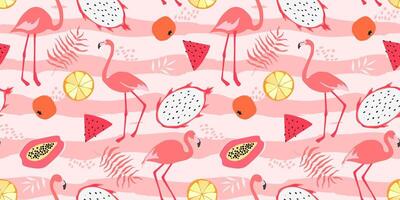 Seamless pattern with flamingos, tropical leaves, fruits, on a background of waves. Summer abstract holiday print. Vector graphics.