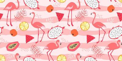 Seamless pattern with flamingos, tropical leaves, fruits, on a background of waves. Summer abstract holiday print. Vector graphics.