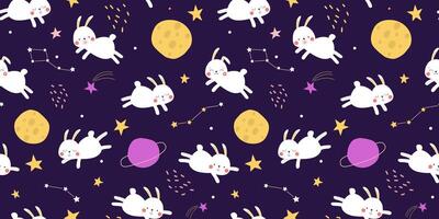 Seamless pattern with cute  bunnies flying in space. Dream rabbits against the background of the sky, planets, stars. Vector graphics.