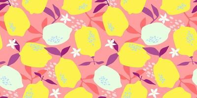 Seamless bright pattern with abstract lemons. Citrus fruit with leaves, flowers. Vector graphics.