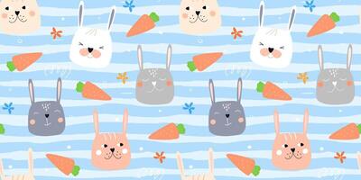 Seamless pattern with cute rabbit faces. Eared bunnies with different emotions on a background of flowers. Vector graphics.