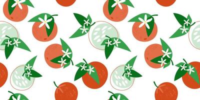 Seamless pattern with abstract fruits oranges. Food print with citruses, flowers and leaves. Vector graphics.
