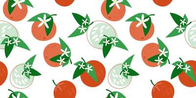 Seamless pattern with abstract fruits oranges. Food print with citruses, flowers and leaves. Vector graphics.