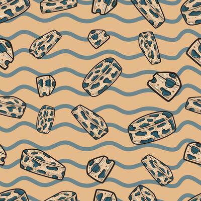 Blue Cheese Seamless Pattern in Cartoon Style. Perfect For Background, Backdrop, Wallpaper and Cover Packaging.