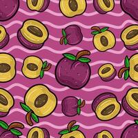 Plum Fruit Seamless Pattern in Cartoon Style. Perfect For Background, Backdrop, Wallpaper and Cover Packaging. vector