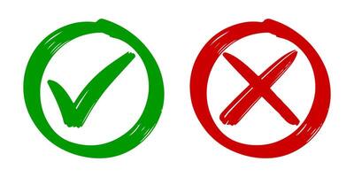 Hand drawn of Green check mark and Red cross isolated. Right and wrong icon. Vector illustration.