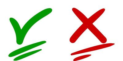 Hand drawn of Green check mark and Red cross isolated. Right and wrong icon. Vector illustration.