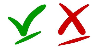 Hand drawn of Green check mark and Red cross isolated. Right and wrong icon. Vector illustration.