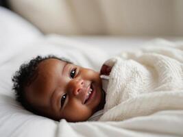 AI generated Peaceful Newborn Bliss A Serene black Baby's Smile Captured on a White Bed, Symbolizing Health and Happiness photo