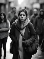 AI generated Mental health problems, young woman stands in crowd of people in a hazy and sad mood. photo