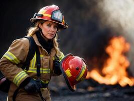 AI generated Portrait of a female firefighter performing her duties in a fire area. photo