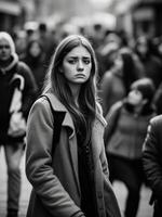 AI generated Mental health problems, young woman stands in crowd of people in a hazy and sad mood. photo