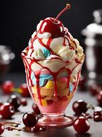 AI generated Mouthwatering Rainbow Ice Cream Sundaes Garnish with a glazed cherry on top. photo