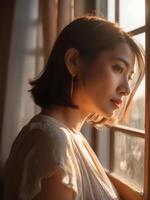 AI generated Mental health, Woman in a sad mood and waiting for someone near the window at home photo