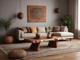 AI generated Live edge coffee table with ceramic vase near sofa. Boho ethnic home interior design of modern living room. photo