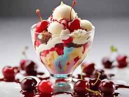 AI generated Mouthwatering Rainbow Ice Cream Sundaes Garnish with a glazed cherry on top. photo