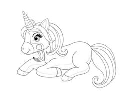 Black line cute unicorn. Cartoon vector illustration for coloring book or coloring page.