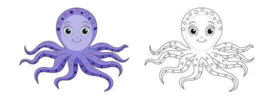 Octopus line and color illustration. Cartoon vector illustration for coloring book.