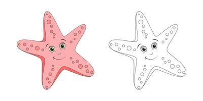 Starfish line and color illustration. Cartoon vector illustration for coloring book.