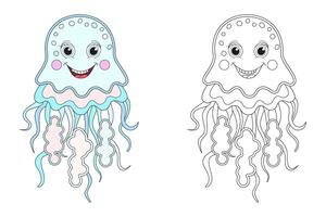 Jellyfish line and color illustration. Cartoon vector illustration for coloring book.