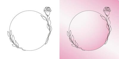 Set of sketched floral rings. Branches, rose, leaves. Mono line frames. vector