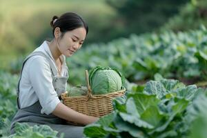 AI generated Woman picking cabbage in a sunny agricultural setting photo