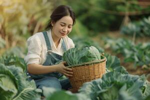 AI generated Woman picking cabbage in a sunny agricultural setting photo