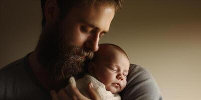 AI generated Father's Day concept, Serene Moment of Father Cradling Newborn in Dimly Lit Space photo