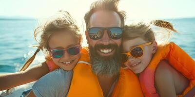 ai generado del padre día concepto, alegre familia momento en un bote, padre con niños, soleado día y espumoso aguas foto