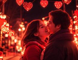 ai generado un amoroso Pareja abrazando cada otro en san valentin día en el calentar resplandor de colgando corazones foto