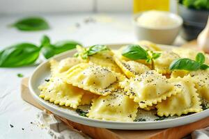 AI generated Ravioli with ricotta and spinach on a platter on a light wood countertop. AI generated. photo