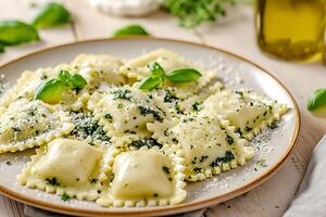 AI generated Ravioli with ricotta and spinach on a platter on a light wood countertop. AI generated. photo