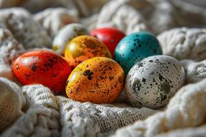 AI generated Easter eggs laid out on a white linen towel. AI generated. photo