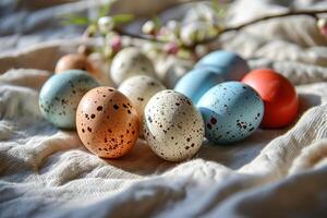 AI generated Easter eggs laid out on a white linen towel. AI generated photo