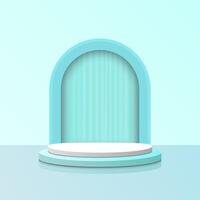 Empty 3d white and blue round podium with abstract geometric shape arch style background for display product. Cosmetic product display presentation. Vector illustration EPS 10.