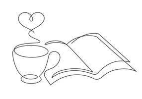 café taza y libro apertura uno línea dibujo continuo minimalismo ilustración vector