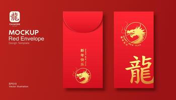 Red Envelope mock up, Ang pao Chinese dragon gold color design EPS10 Vector illustration.