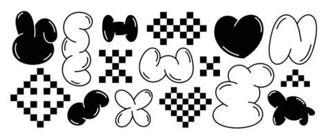 Set of y2k style elements vector. Hand drawn collection of heart pixel, rabbit, fluffy, flower, organic shape in black and white color. Design for print, cartoon, card, decoration, sticker. vector