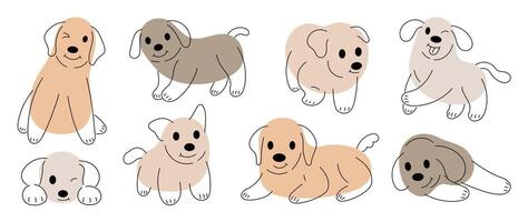 conjunto de linda perros clipart vector. encantador perro y simpático perrito garabatear modelo en diferente poses y razas con plano color. adorable gracioso mascota y muchos caracteres mano dibujado recopilación. vector