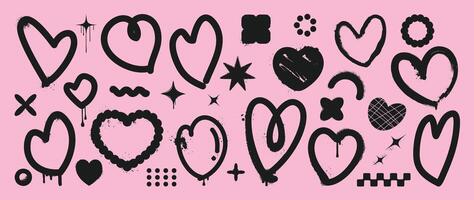 Set of y2k style valentine element vector. Hand drawn graffiti spray texture collection of heart in black, pink, pixel art . Romance design illustration for print, cartoon, card, decoration, sticker. vector