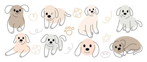 conjunto de linda perros clipart vector. encantador perro y simpático perrito garabatear modelo en diferente poses y razas con plano color. adorable gracioso mascota y muchos caracteres mano dibujado recopilación. vector