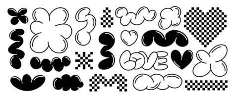 Set of y2k style elements vector. Hand drawn collection of heart pixel, love text, fluffy, flower, organic shape in black and white color. Design for print, cartoon, card, decoration, sticker. vector