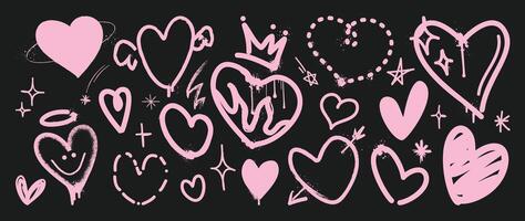 Set of spray paint valentine element vector. Hand drawn graffiti texture style collection of heart in black and pink color. Romance design illustration for print, cartoon, card, decoration, sticker. vector