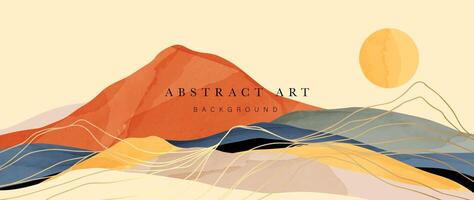 Abstract mountain and golden line arts background vector. Watercolor oriental style, landscape, hills, sun with gold, lines texture. Wall art design for home decor, wallpaper, prints. vector