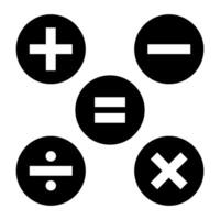 Calculator key icon vector on black circle. Addition, subtraction, division, multiplication, and equality symbol