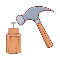 hammer with nail in tree trunk illustration vector