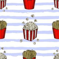 Pop corn and french fries hand drawn seamless pattern. Fast food sketch vector background. Food textile, fabrics and wallpaper seamless texture. Vector illustration